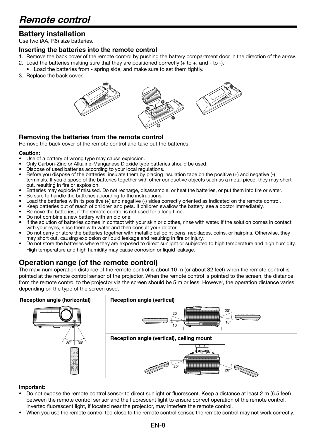 Mitsubishi Electronics FD730U-G Remote control, Battery installation, Operation range of the remote control, EN-8 