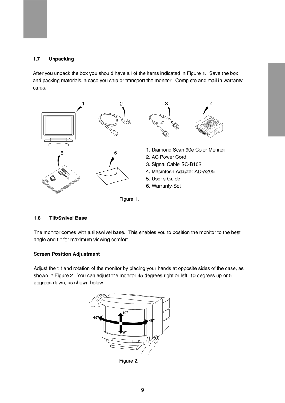 Mitsubishi Electronics FFT9905SKJHFW manual Unpacking, Tilt/Swivel Base, Screen Position Adjustment 