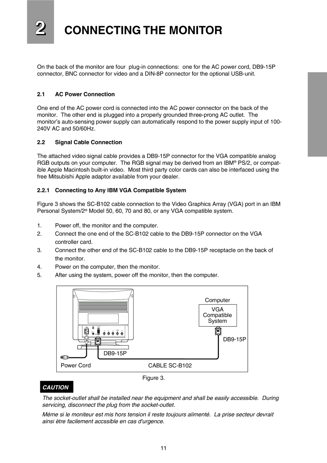 Mitsubishi Electronics FFT9905SKJHFW manual Connecting the Monitor, AC Power Connection, Signal Cable Connection 