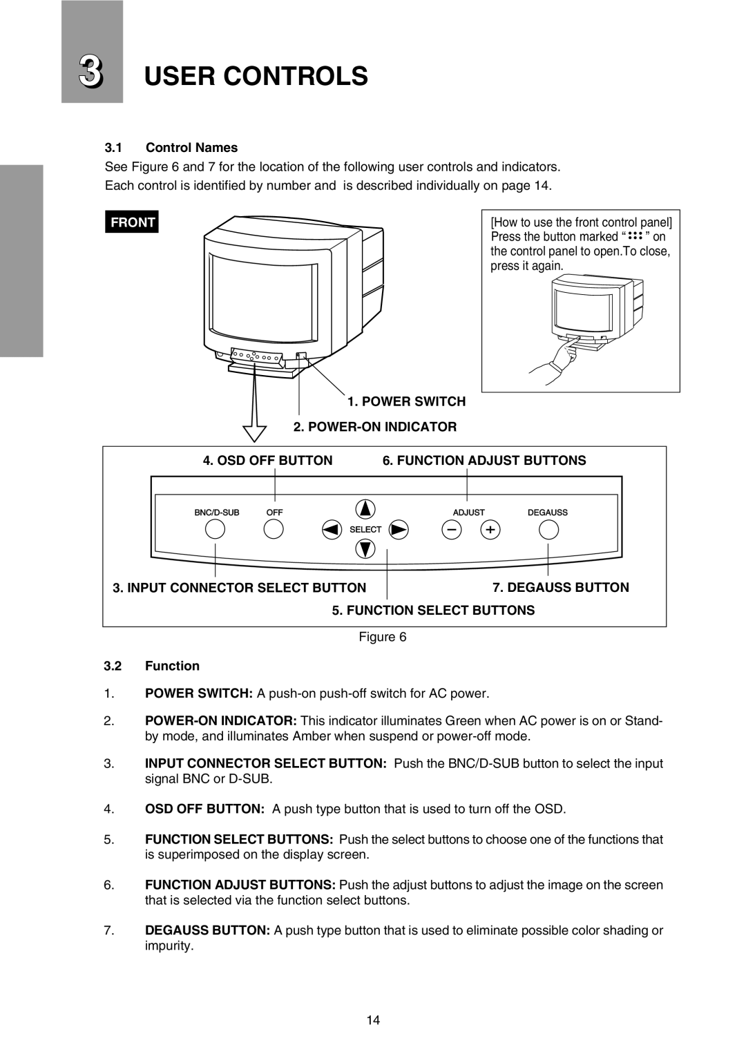 Mitsubishi Electronics FFT9905SKJHFW manual User Controls, Control Names, Function 