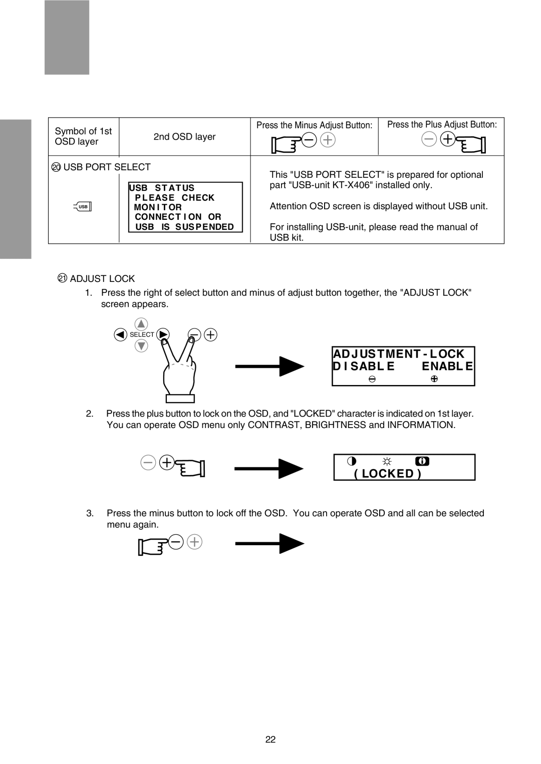 Mitsubishi Electronics FFT9905SKJHFW manual USB Port Select, Adjust Lock 