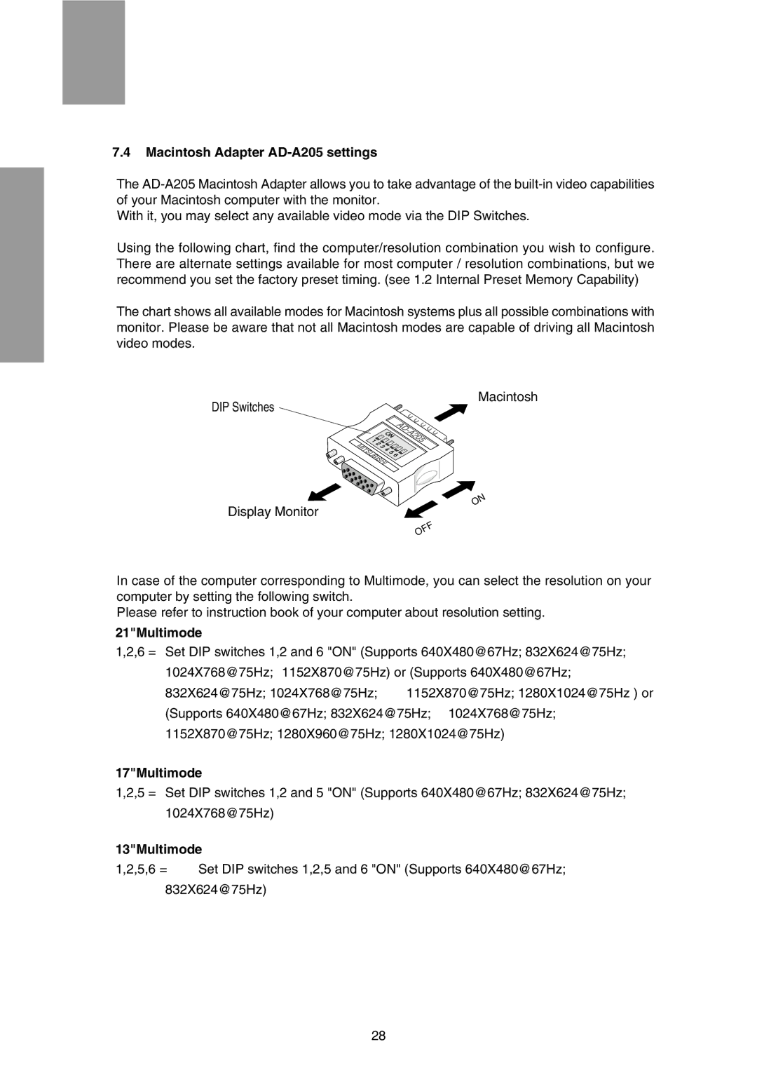 Mitsubishi Electronics FFT9905SKJHFW manual Macintosh Adapter AD-A205 settings, 21Multimode, 17Multimode, 13Multimode 