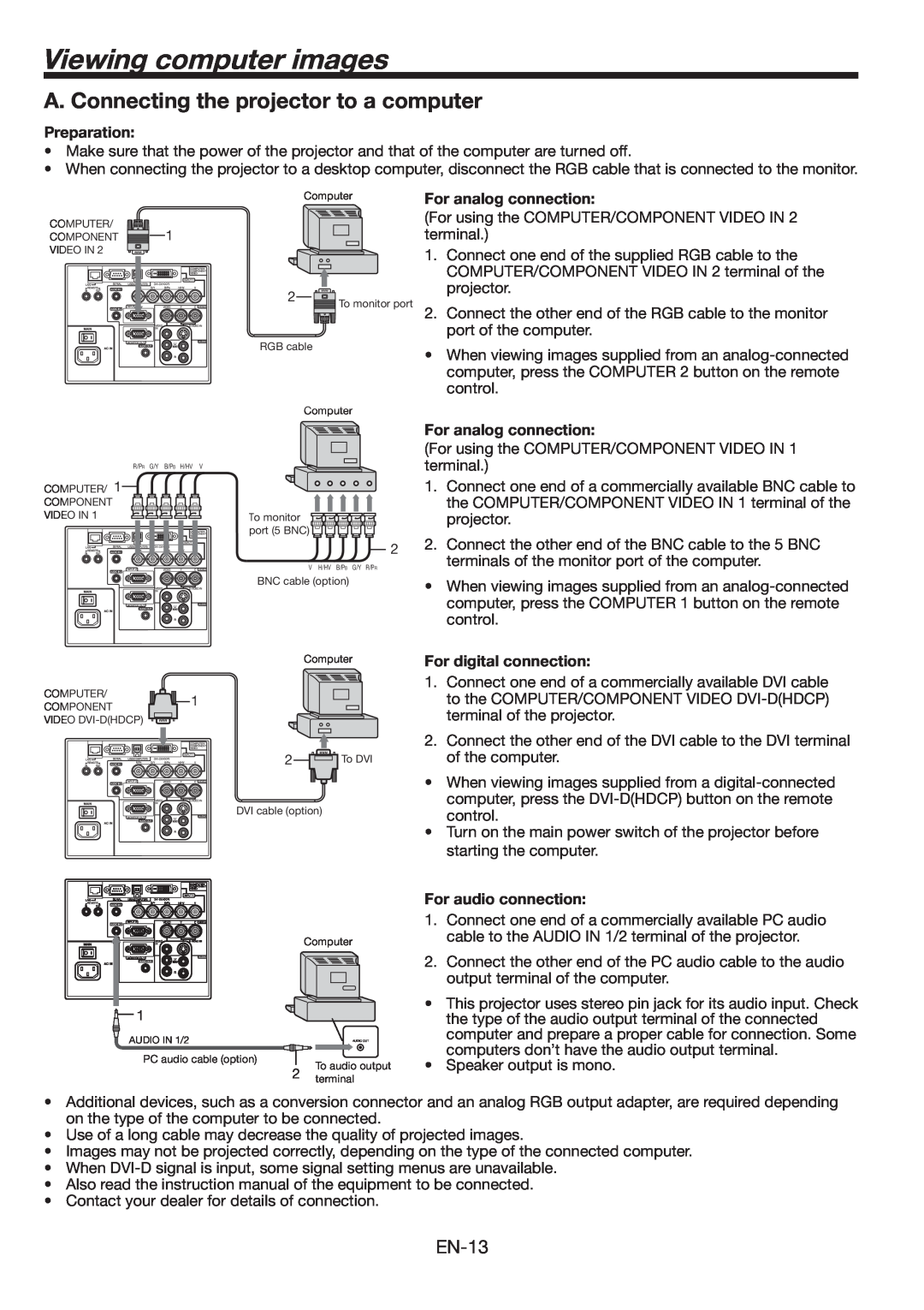 Mitsubishi Electronics FL6900U user manual Viewing computer images, A. Connecting the projector to a computer, Preparation 
