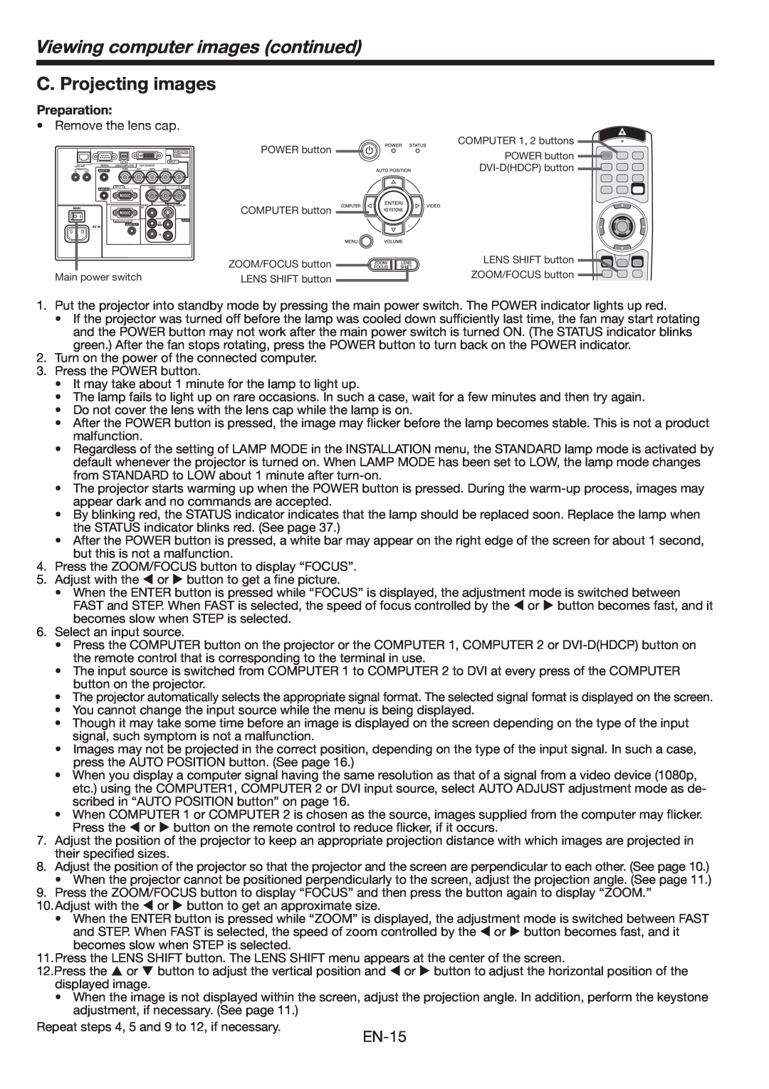 Mitsubishi Electronics FL6900U user manual C. Projecting images, Viewing computer images continued, EN-15, Preparation 