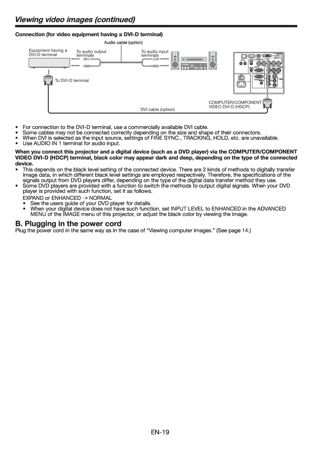 Mitsubishi Electronics FL6900U user manual B. Plugging in the power cord, Viewing video images continued, EN-19 