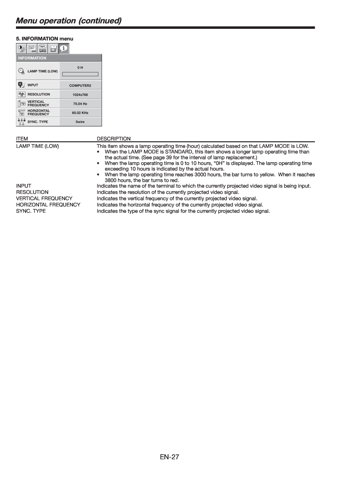 Mitsubishi Electronics FL6900U user manual Menu operation continued, EN-27, INFORMATION menu 