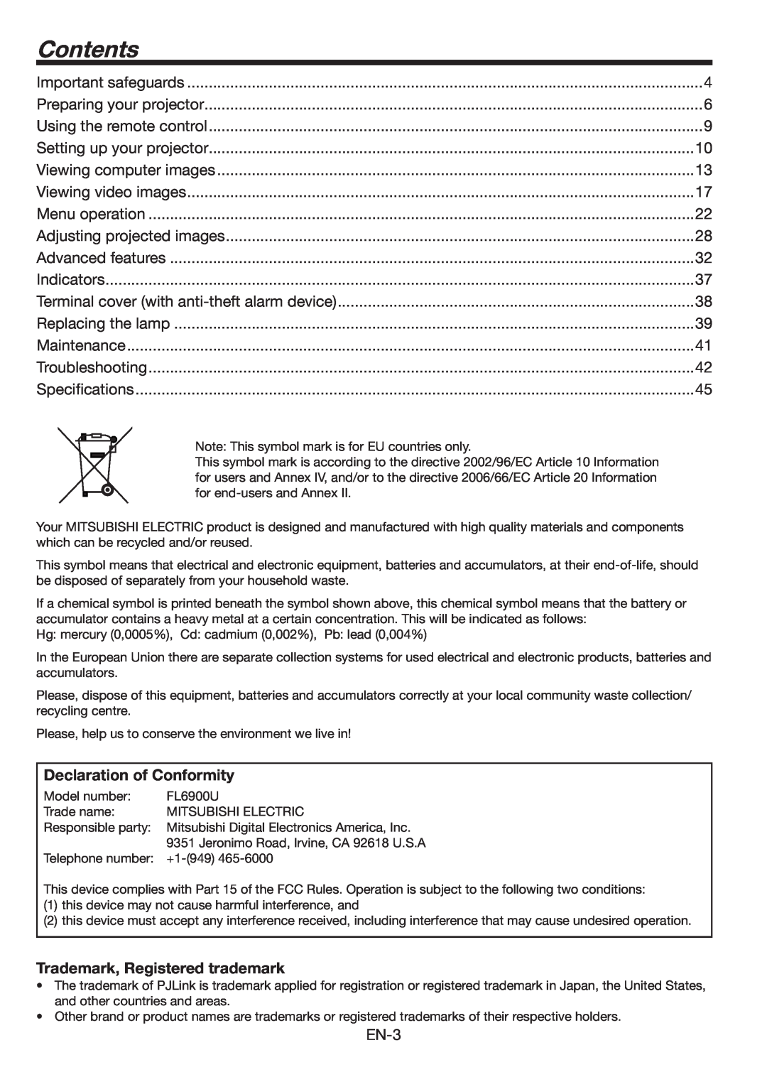 Mitsubishi Electronics FL6900U user manual Contents, Declaration of Conformity, Trademark, Registered trademark 