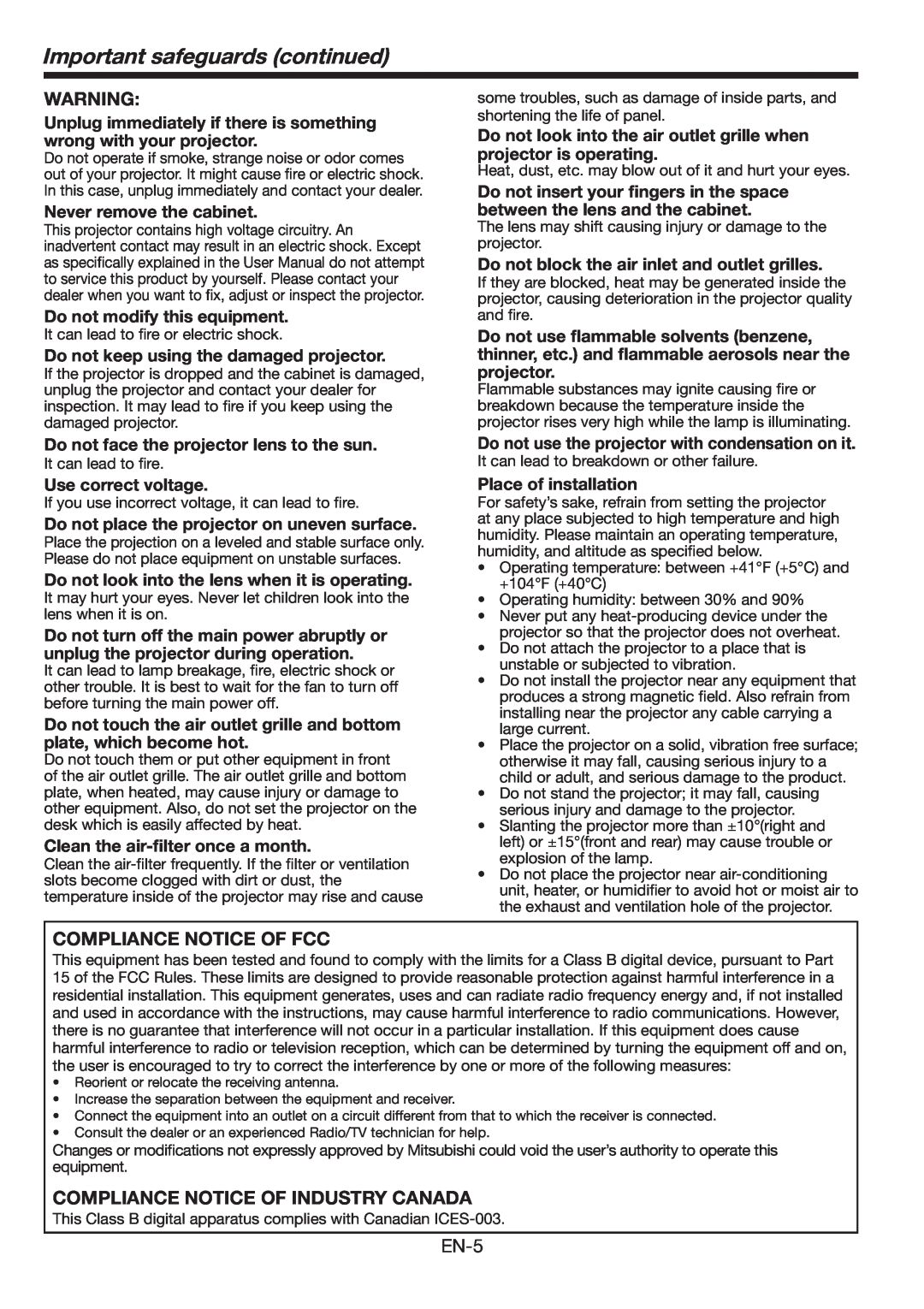 Mitsubishi Electronics FL6900U user manual Important safeguards continued, Compliance Notice Of Fcc 