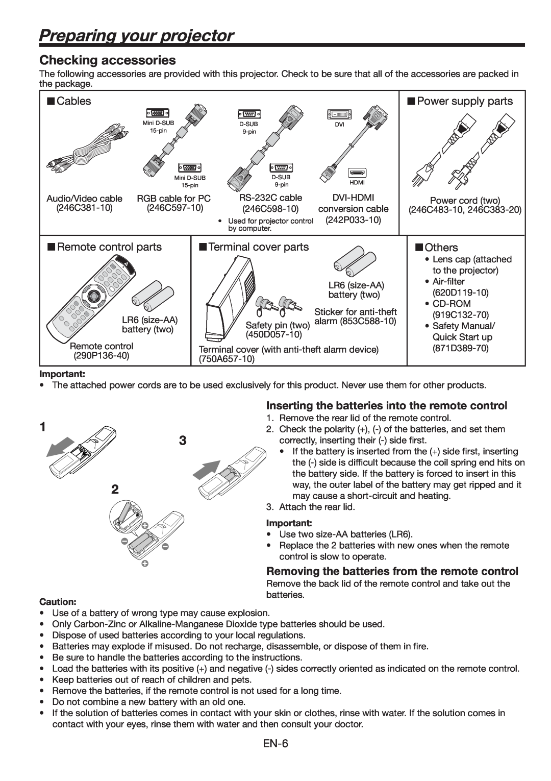 Mitsubishi Electronics FL6900U user manual Preparing your projector, Checking accessories 