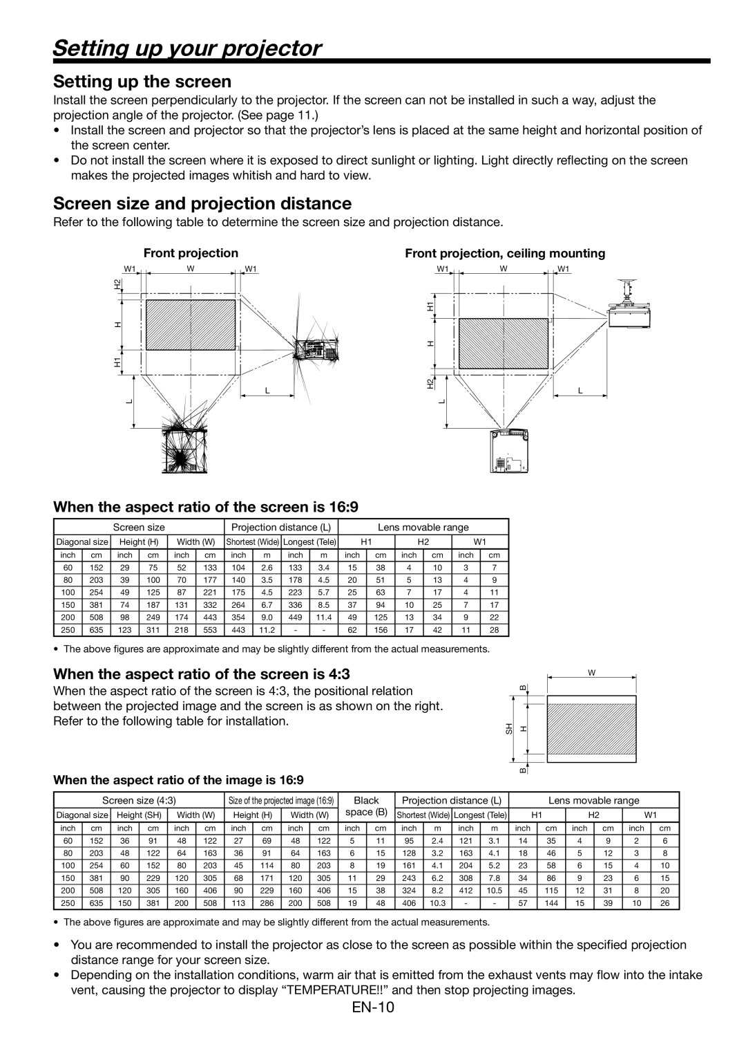 Mitsubishi Electronics FL6900U Setting up your projector, Setting up the screen, Screen size and projection distance 