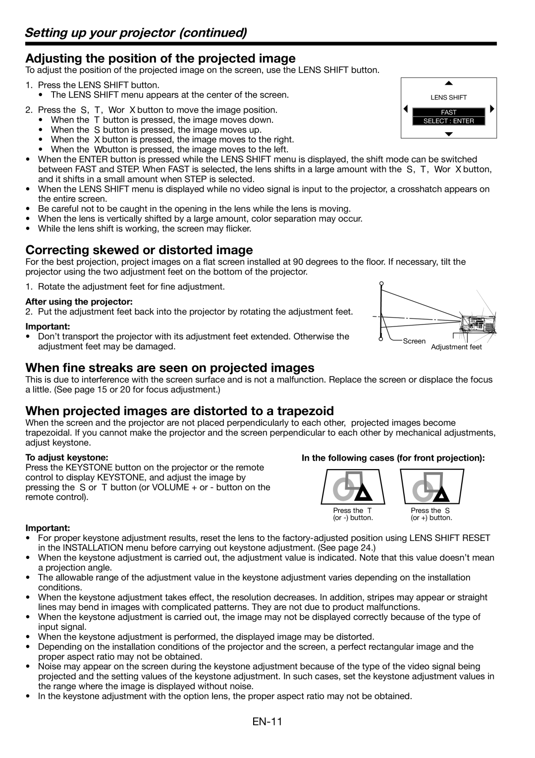 Mitsubishi Electronics FL6900U user manual Setting up your projector, Adjusting the position of the projected image 