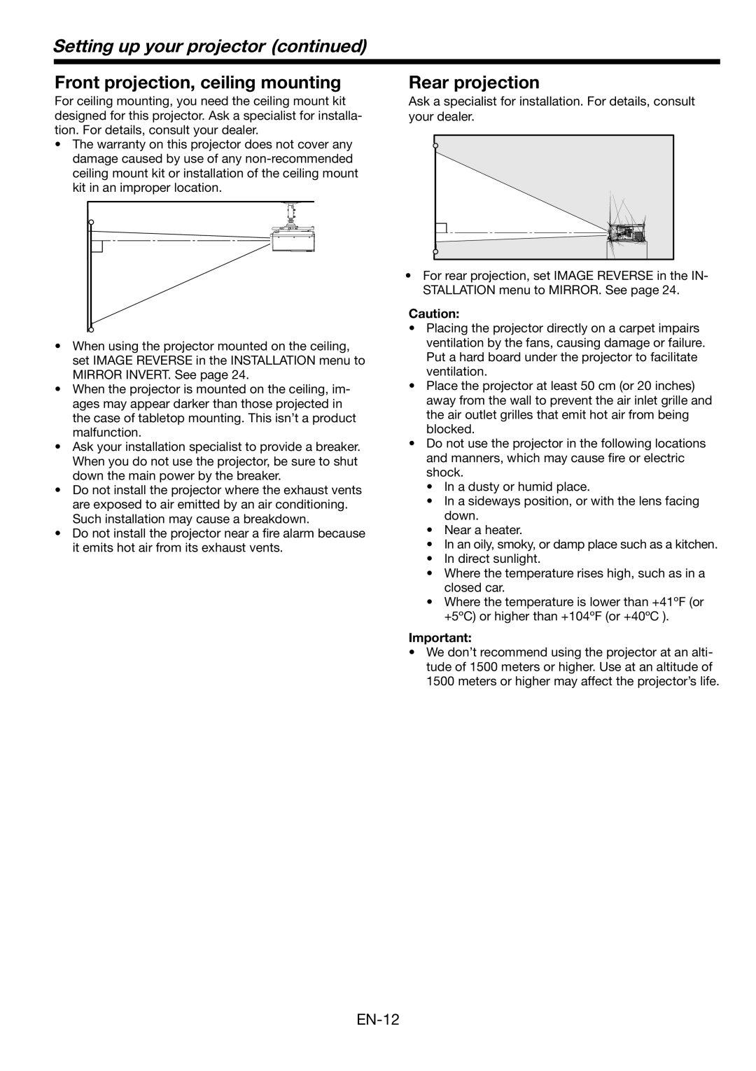 Mitsubishi Electronics FL6900U user manual Front projection, ceiling mounting, Rear projection 