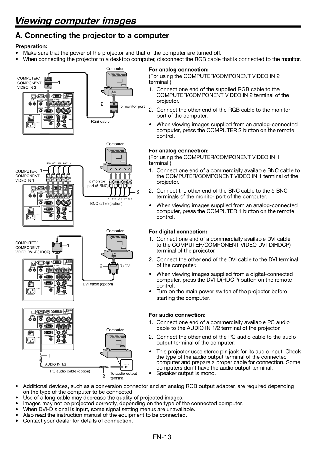 Mitsubishi Electronics FL6900U user manual Viewing computer images, Connecting the projector to a computer 