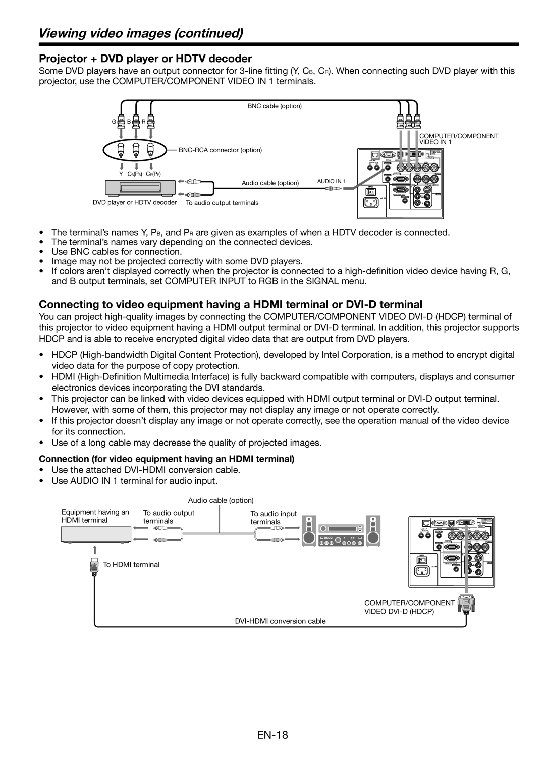 Mitsubishi Electronics FL6900U user manual Viewing video images, Projector + DVD player or Hdtv decoder 