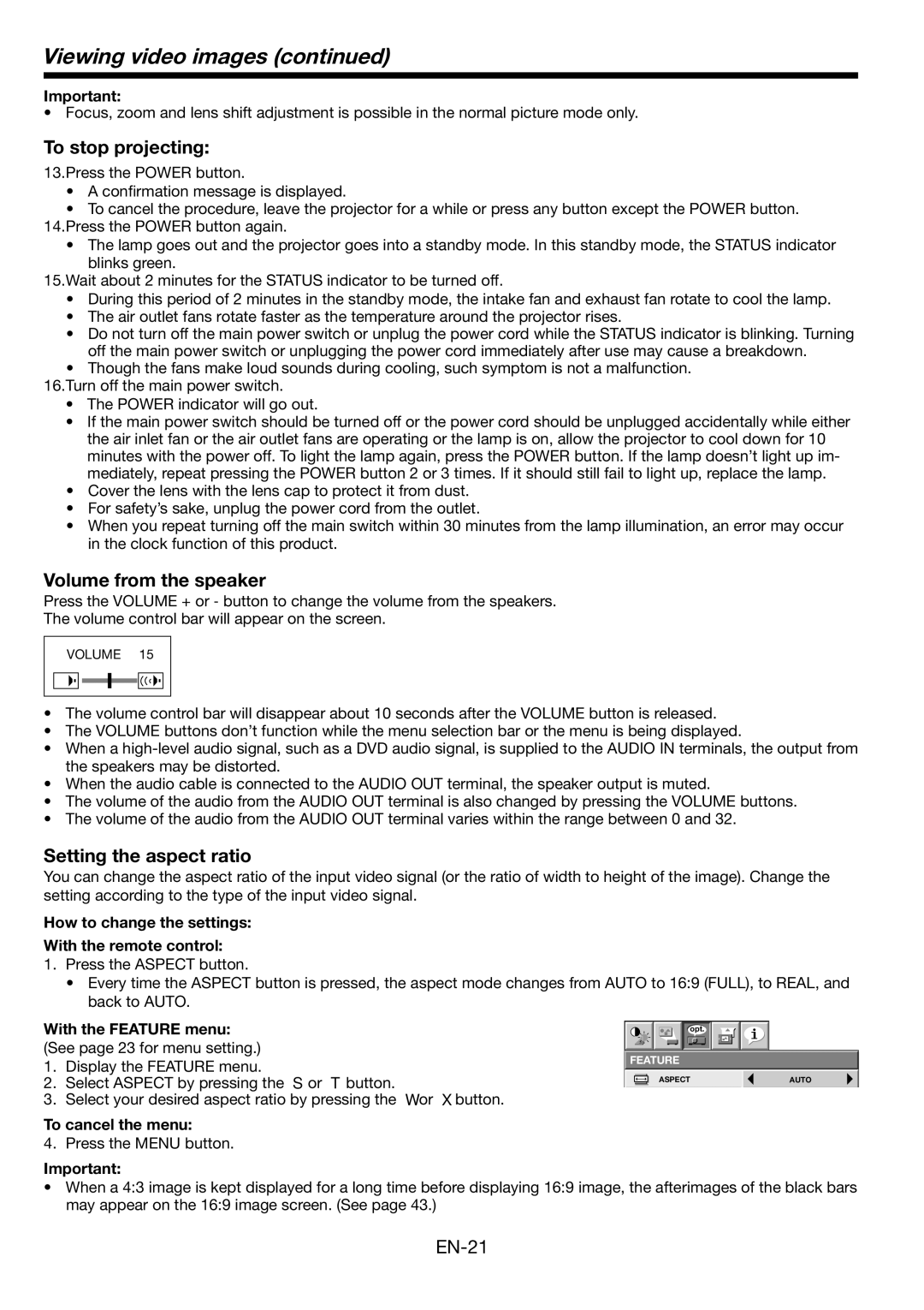 Mitsubishi Electronics FL6900U user manual Volume from the speaker, Setting the aspect ratio, With the Feature menu 