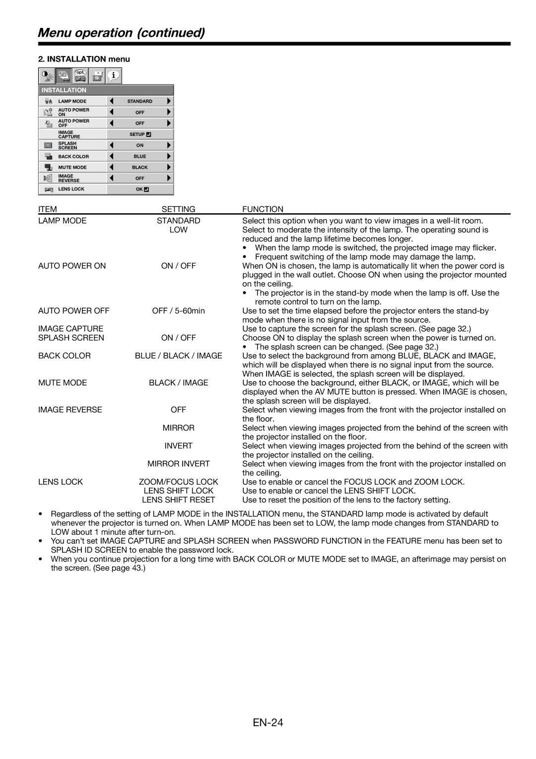 Mitsubishi Electronics FL6900U user manual Function, Lamp Mode, Low, Auto Power on On / OFF, Auto Power OFF, Image Capture 