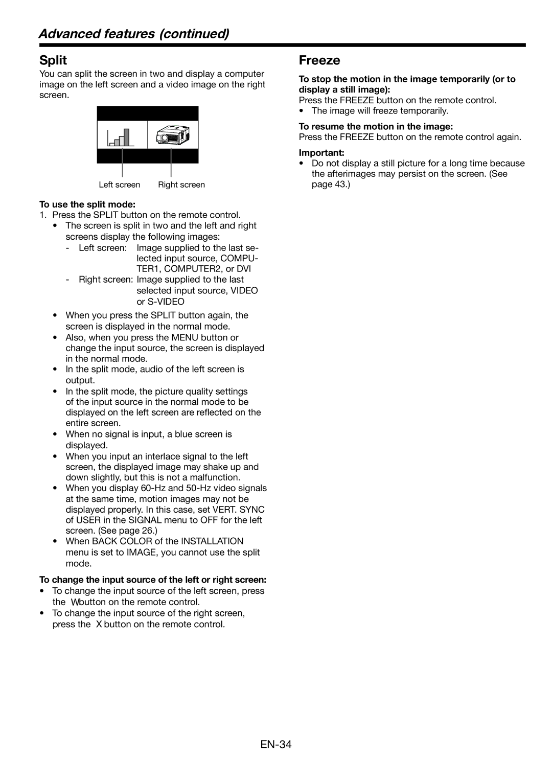 Mitsubishi Electronics FL6900U user manual Split, Freeze, To use the split mode, To resume the motion in the image 