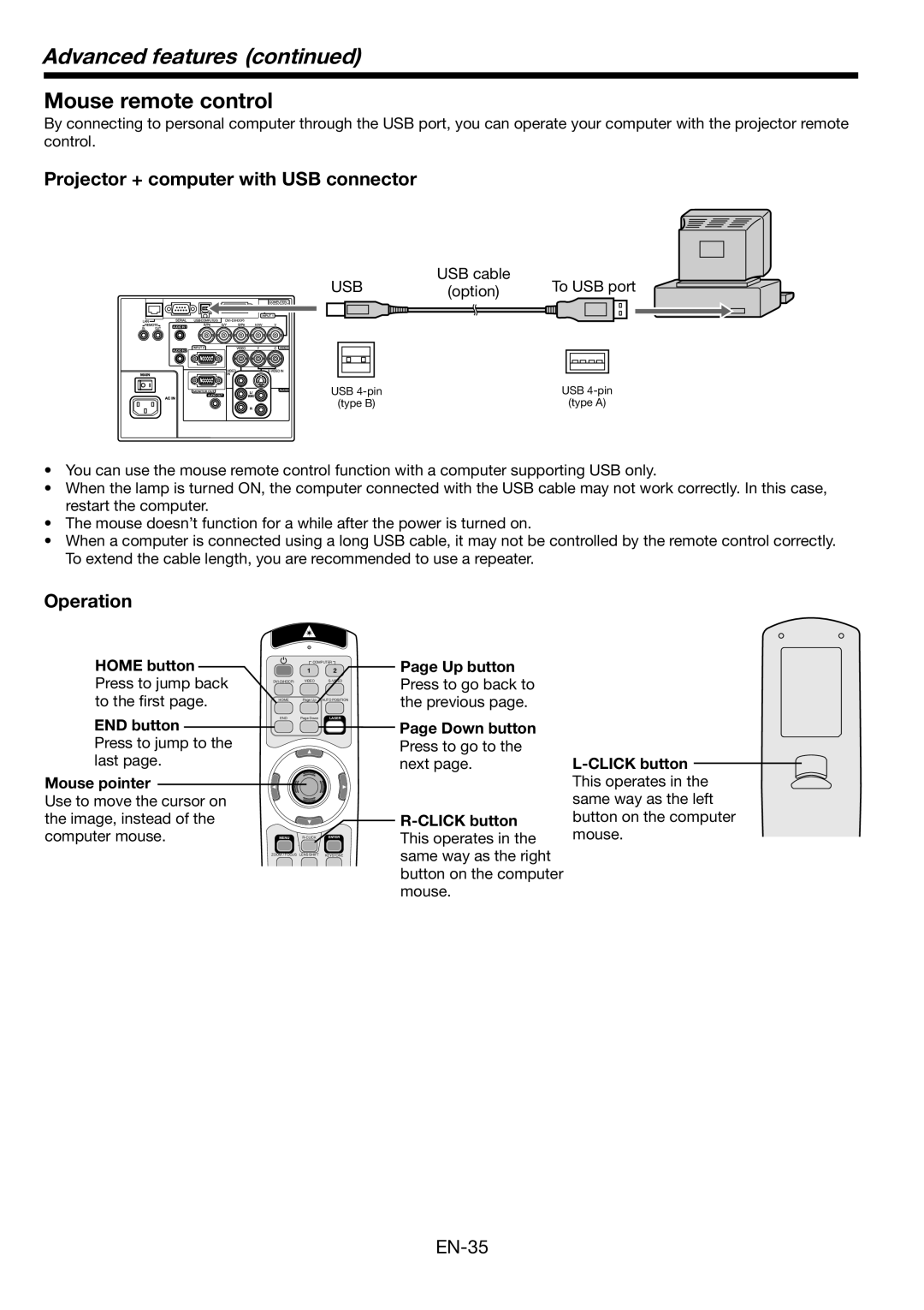 Mitsubishi Electronics FL6900U Mouse remote control, Projector + computer with USB connector, Operation, Usb, Up button 