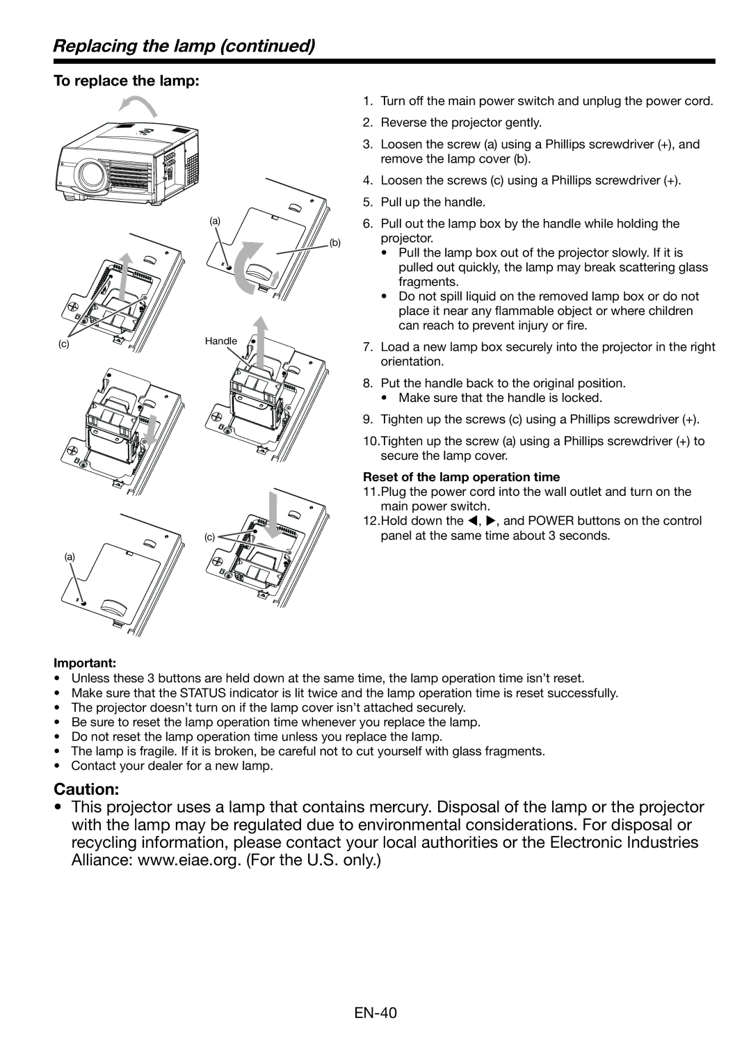 Mitsubishi Electronics FL6900U user manual Replacing the lamp, To replace the lamp, Reset of the lamp operation time 