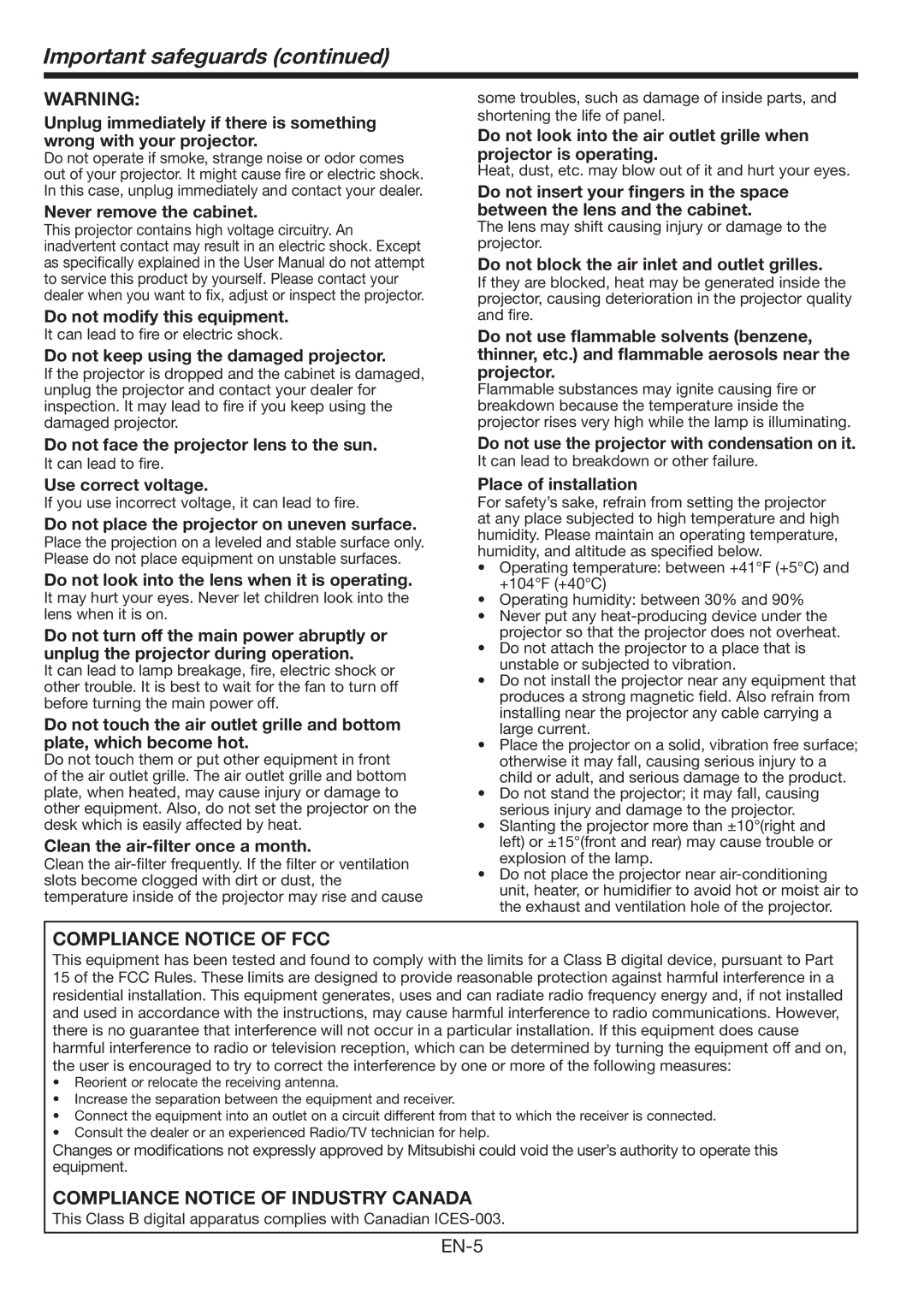 Mitsubishi Electronics FL6900U user manual Important safeguards, Do not keep using the damaged projector 