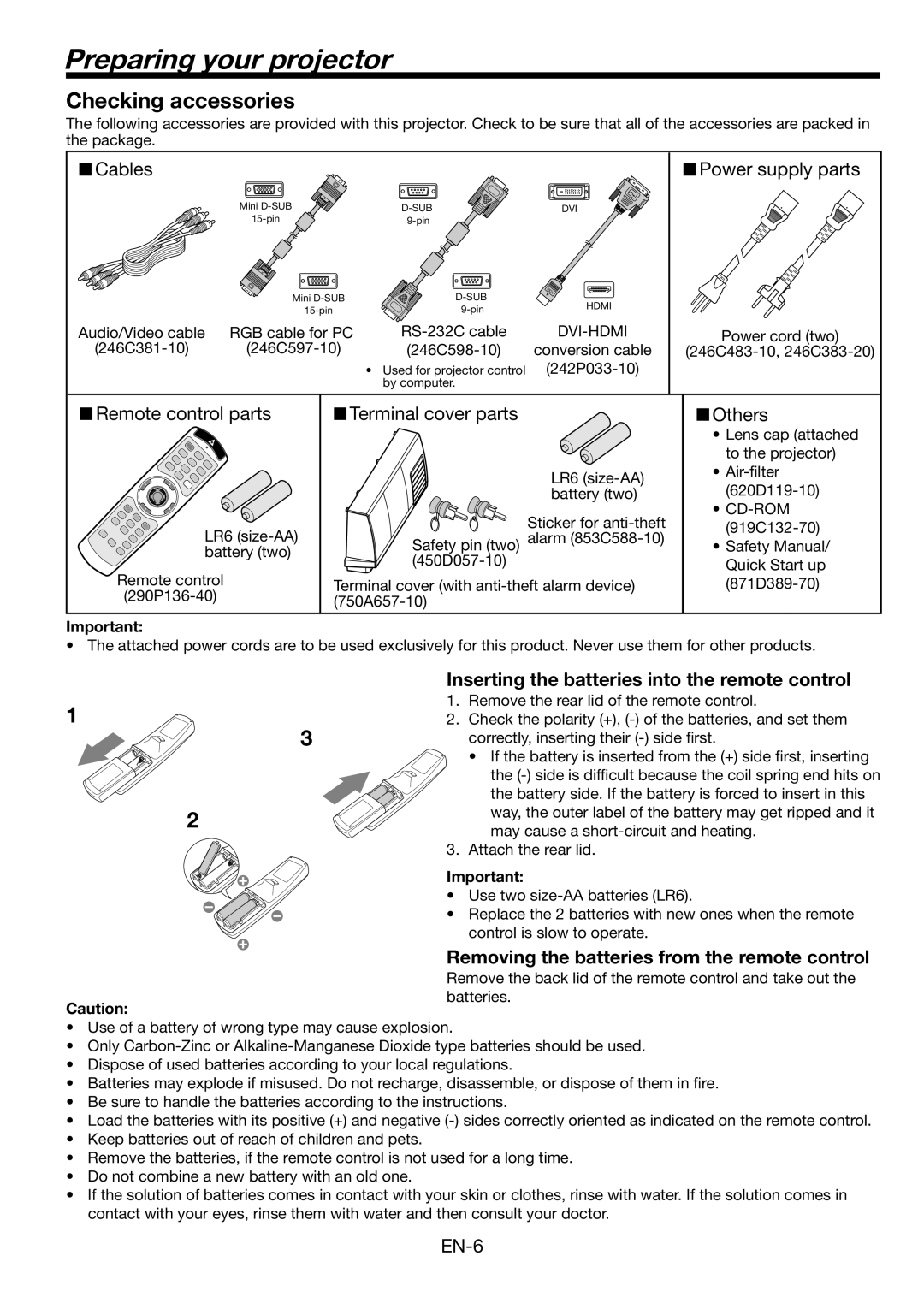 Mitsubishi Electronics FL6900U user manual Preparing your projector, Checking accessories 