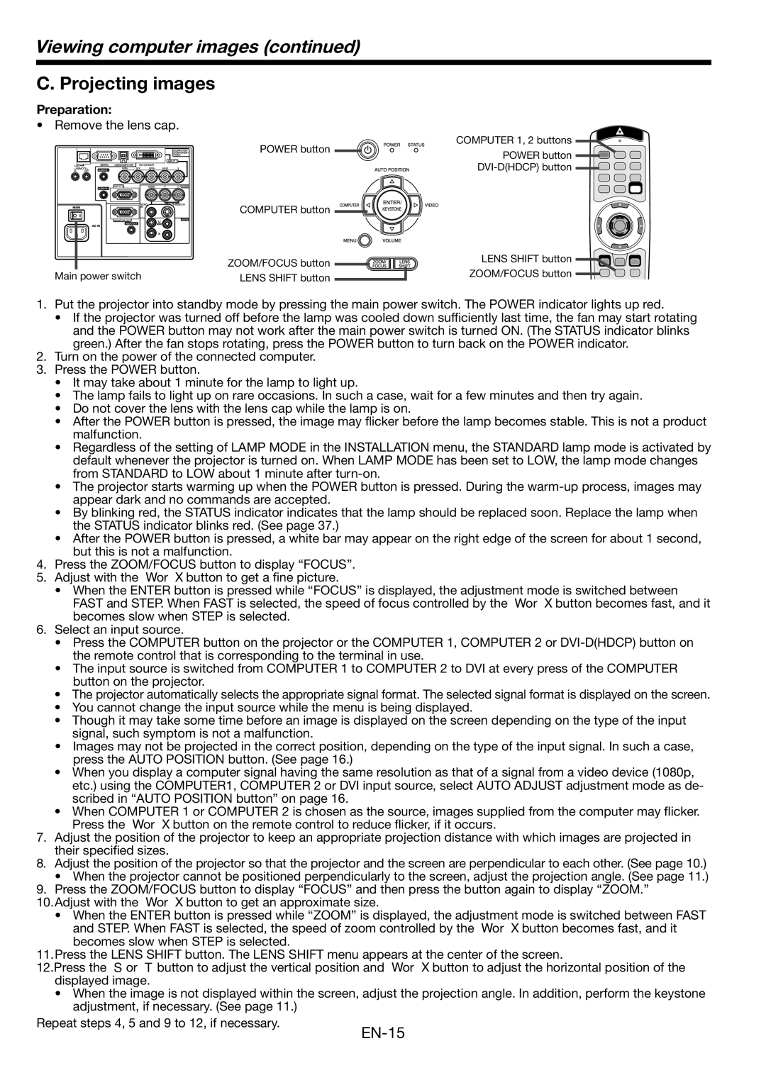 Mitsubishi Electronics FL6900U user manual Projecting images, Remove the lens cap 