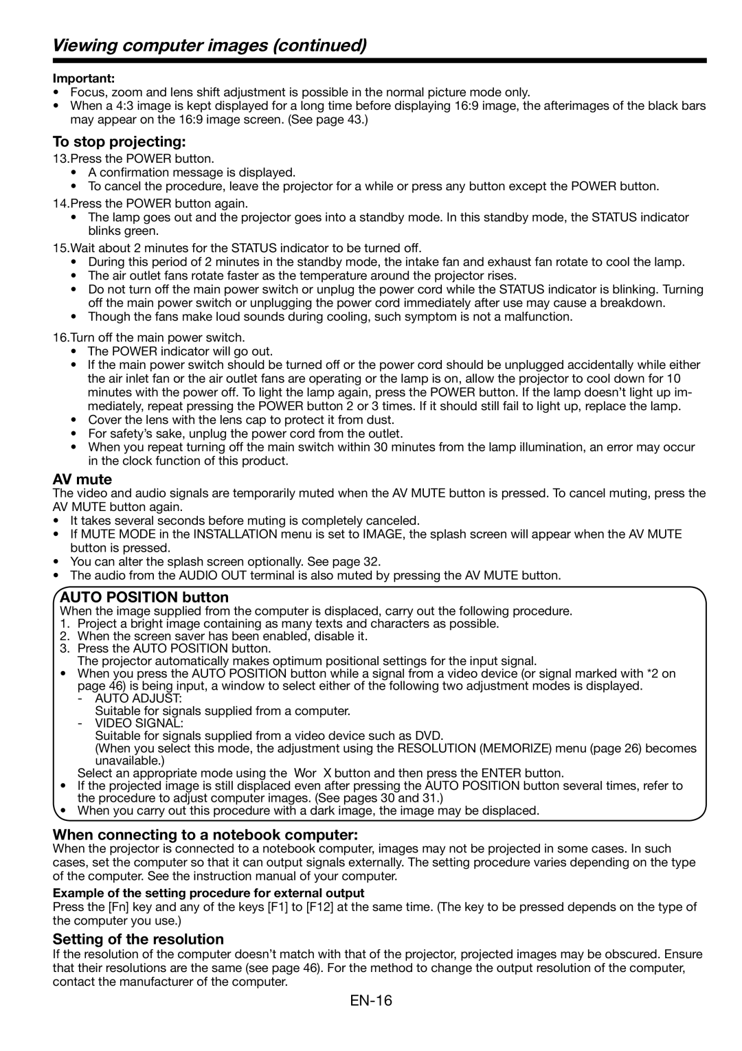 Mitsubishi Electronics FL6900U To stop projecting, AV mute, Auto Position button, When connecting to a notebook computer 