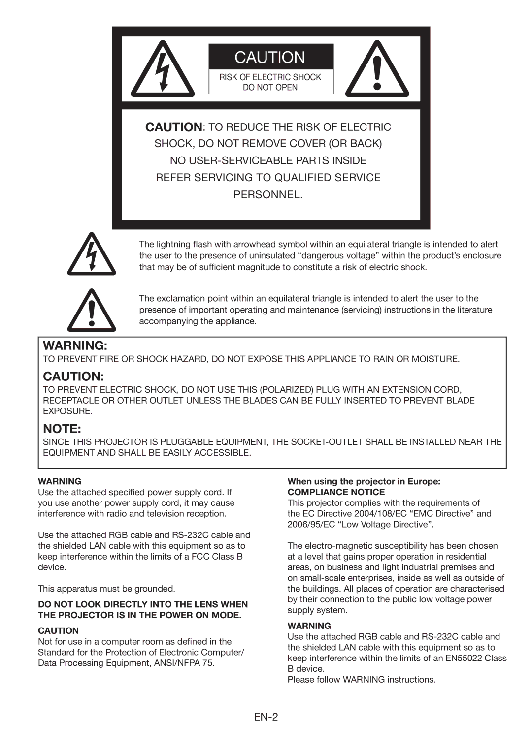 Mitsubishi Electronics FL6900U user manual Risk of Electric Shock Do not Open, When using the projector in Europe 