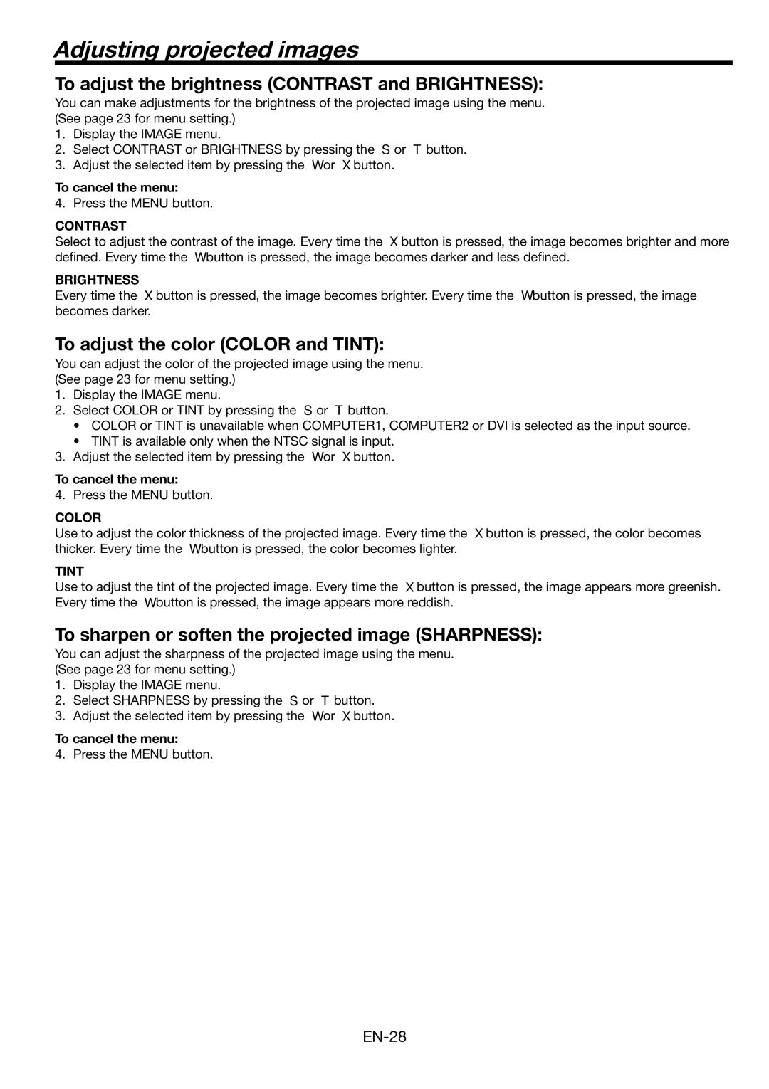 Mitsubishi Electronics FL6900U user manual Adjusting projected images, To adjust the brightness Contrast and Brightness 