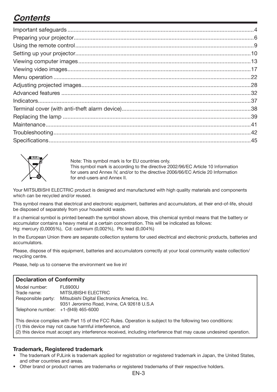 Mitsubishi Electronics FL6900U user manual Contents 