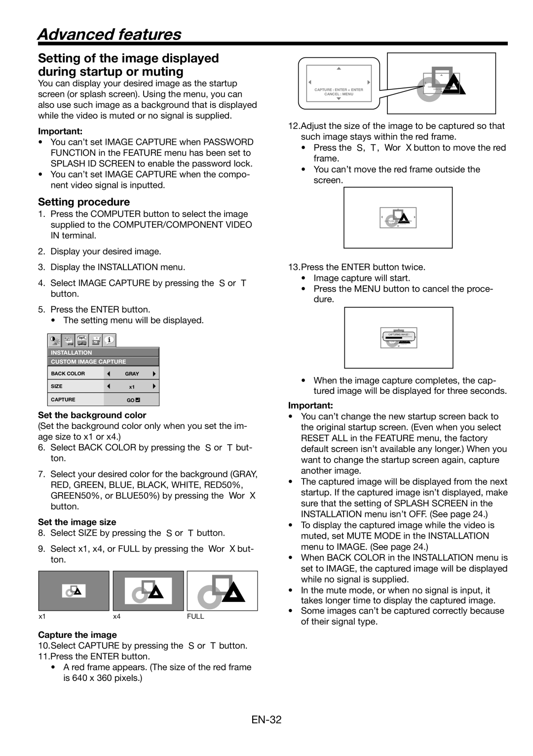 Mitsubishi Electronics FL6900U Advanced features, Setting procedure, Set the background color, Set the image size 