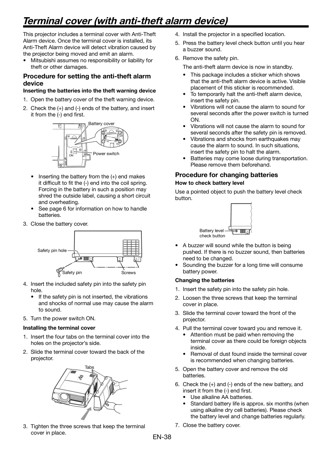 Mitsubishi Electronics FL6900U user manual Terminal cover with anti-theft alarm device, Procedure for changing batteries 