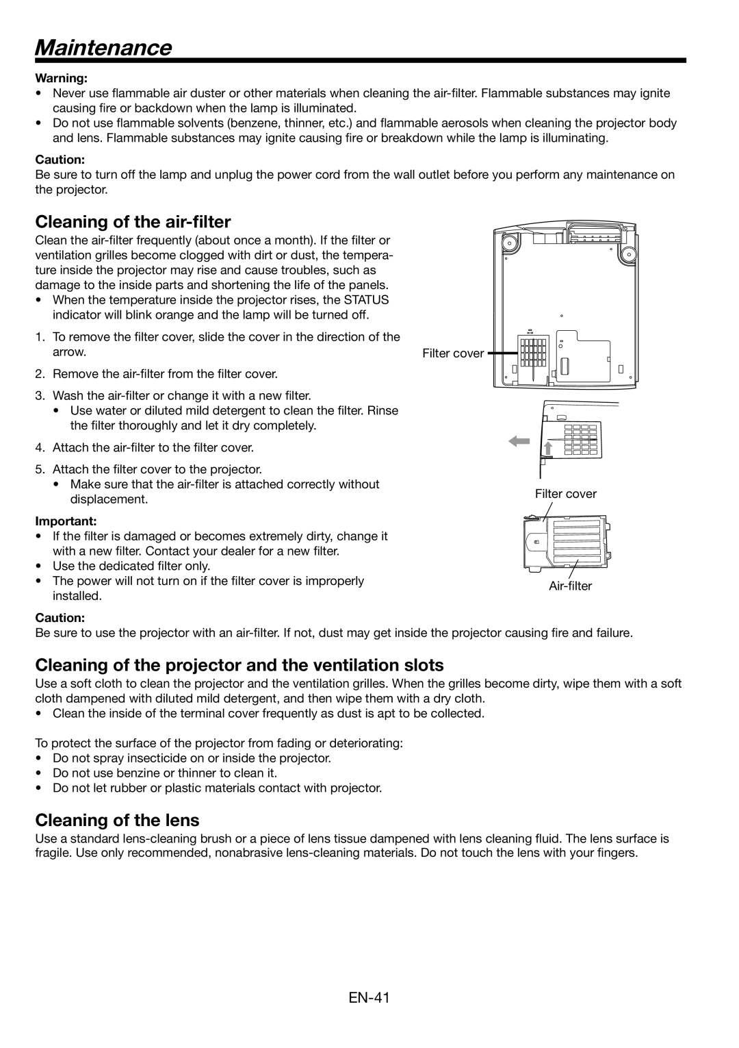 Mitsubishi Electronics FL6900U Maintenance, Cleaning of the air-ﬁlter, Cleaning of the projector and the ventilation slots 