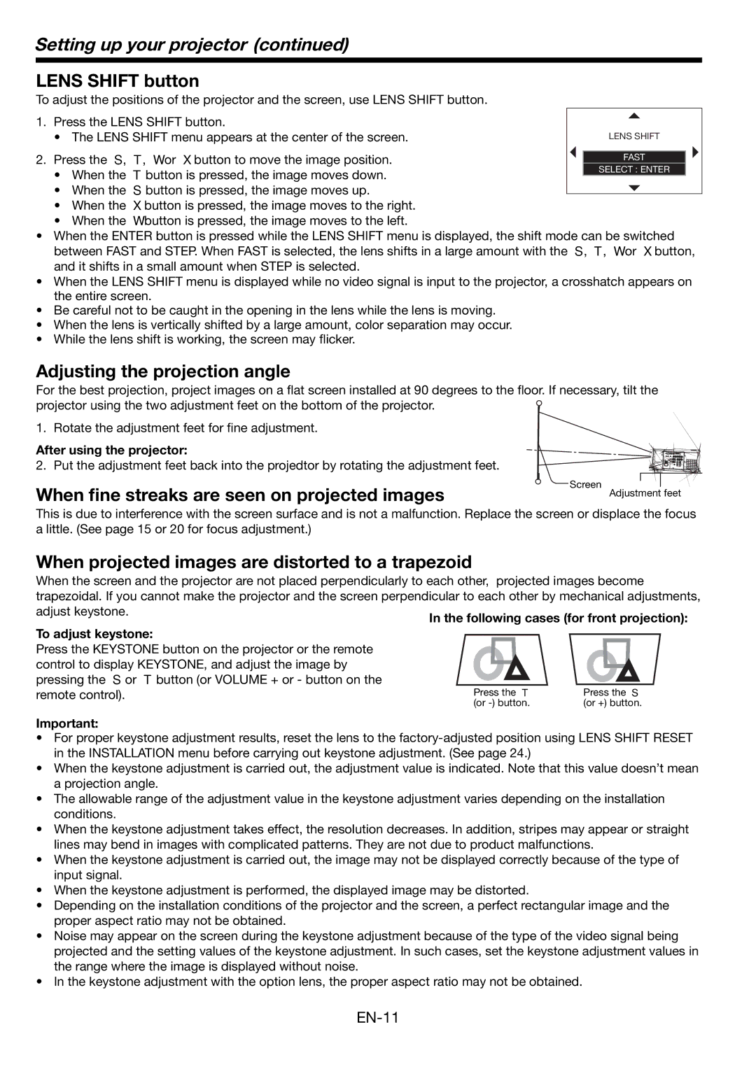 Mitsubishi Electronics FL7000 user manual Setting up your projector, Lens Shift button, Adjusting the projection angle 