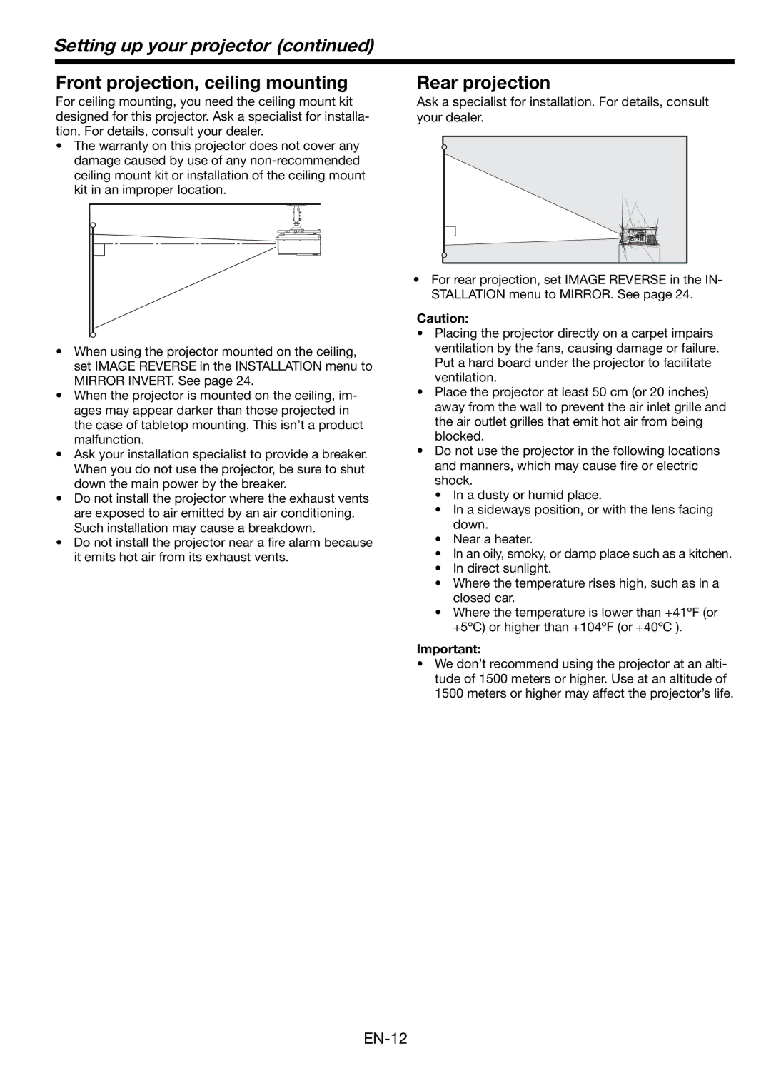 Mitsubishi Electronics FL7000 user manual Front projection, ceiling mounting, Rear projection 