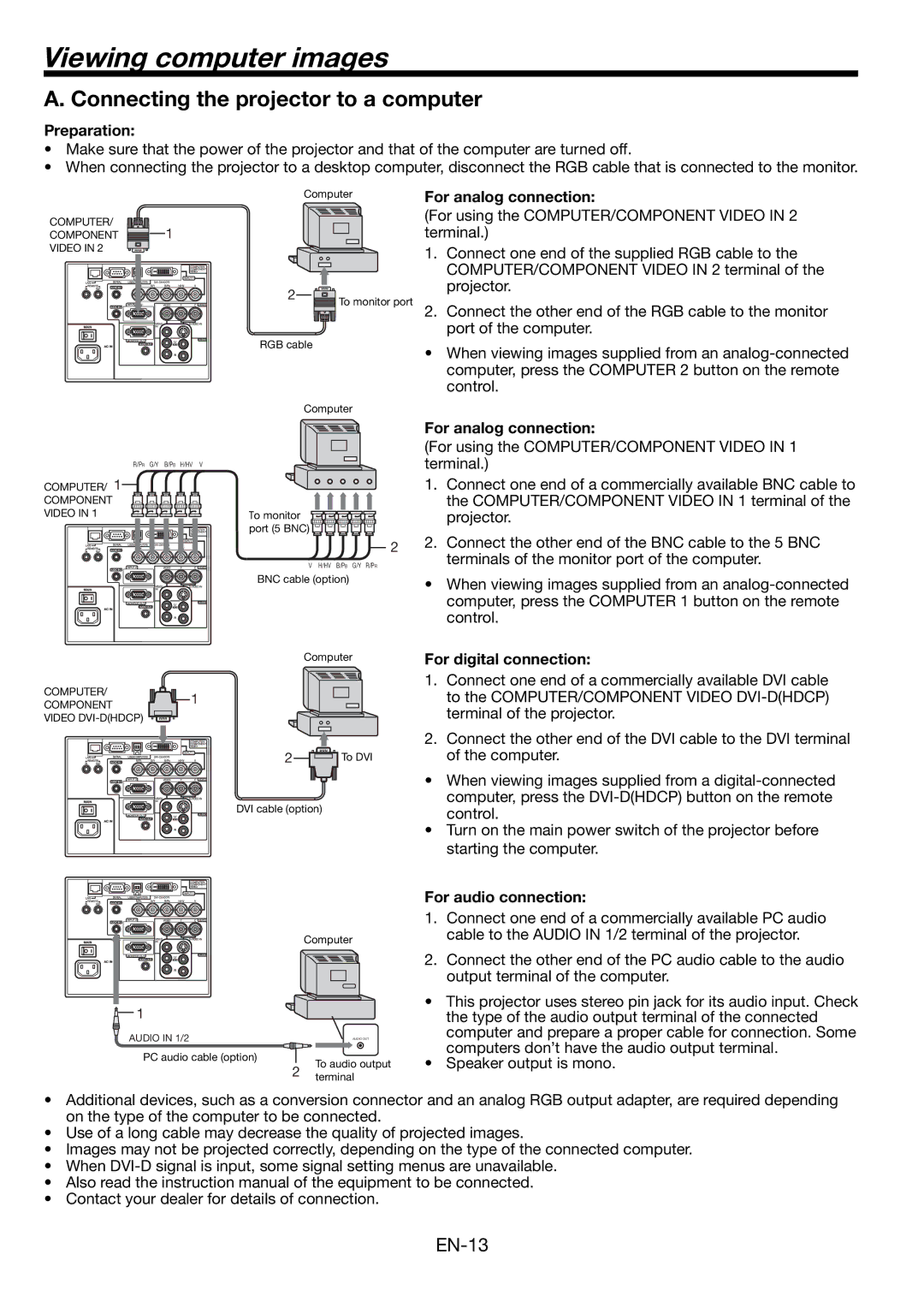 Mitsubishi Electronics FL7000 user manual Viewing computer images, Connecting the projector to a computer 