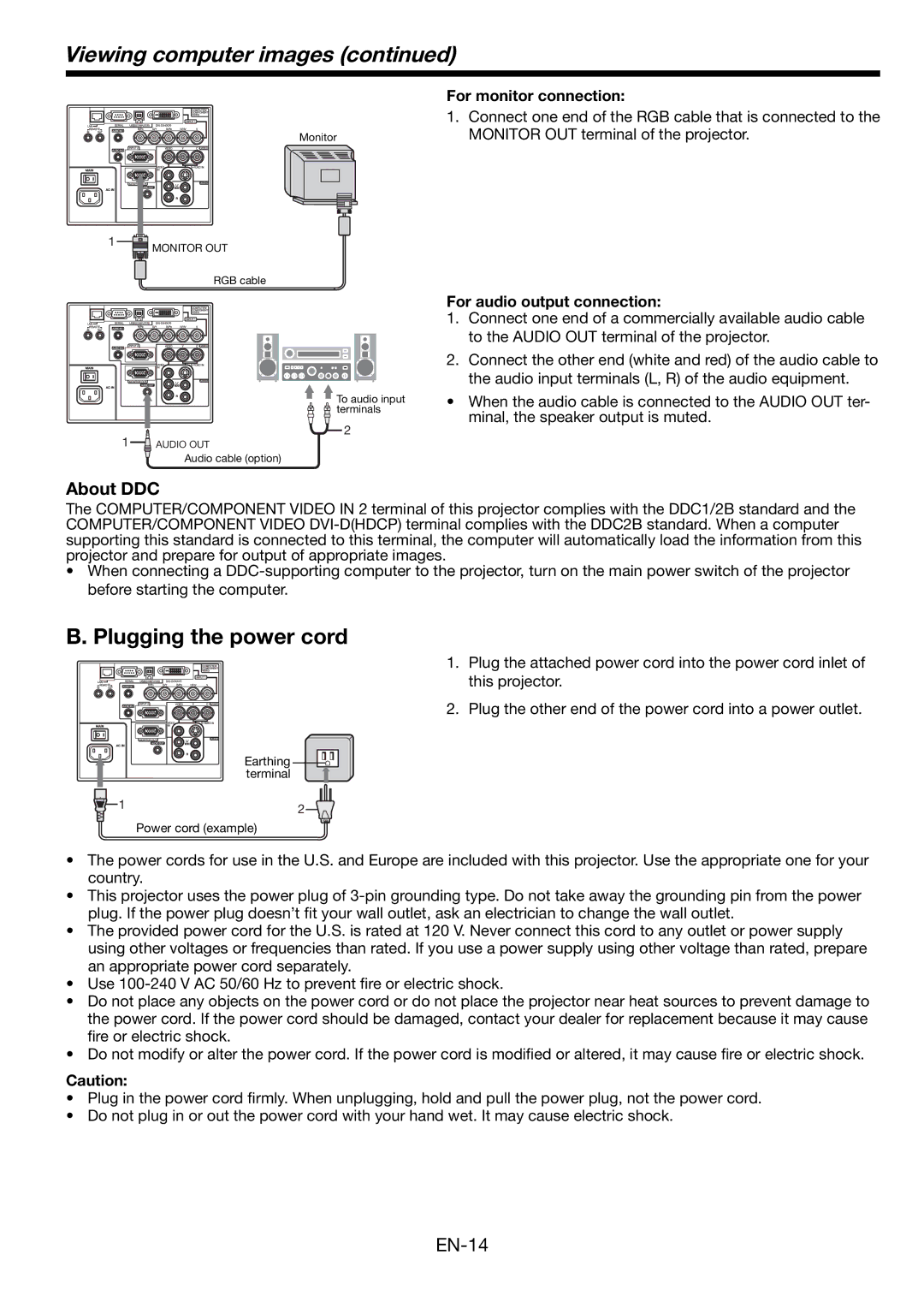 Mitsubishi Electronics FL7000 user manual Viewing computer images, Plugging the power cord, For monitor connection 