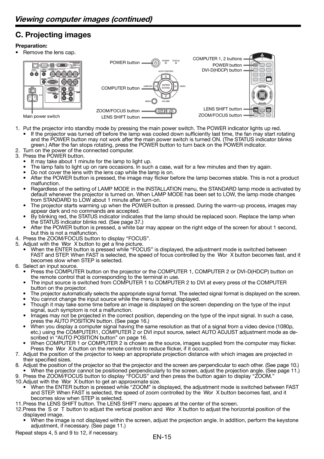 Mitsubishi Electronics FL7000 user manual Projecting images, Remove the lens cap 