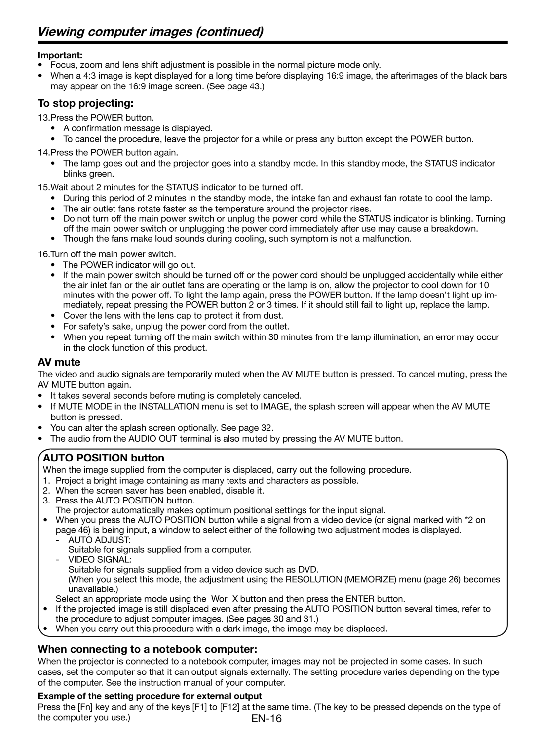 Mitsubishi Electronics FL7000 To stop projecting, AV mute, Auto Position button, When connecting to a notebook computer 