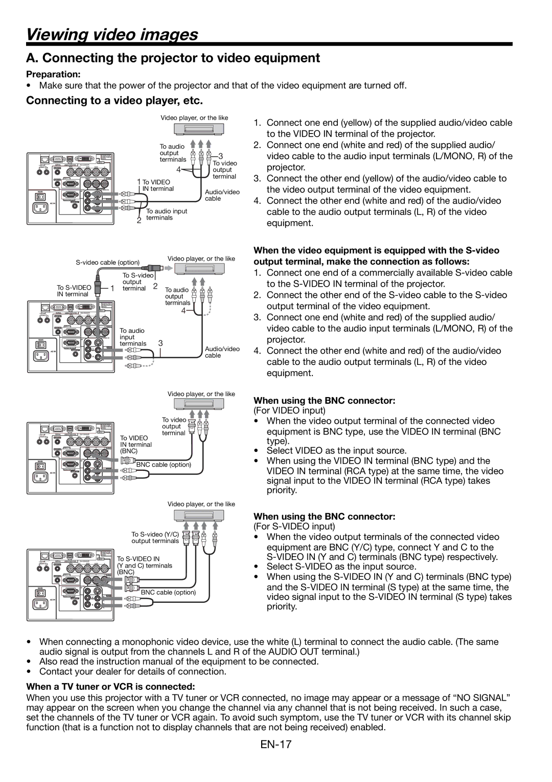 Mitsubishi Electronics FL7000 user manual Viewing video images, Connecting the projector to video equipment 