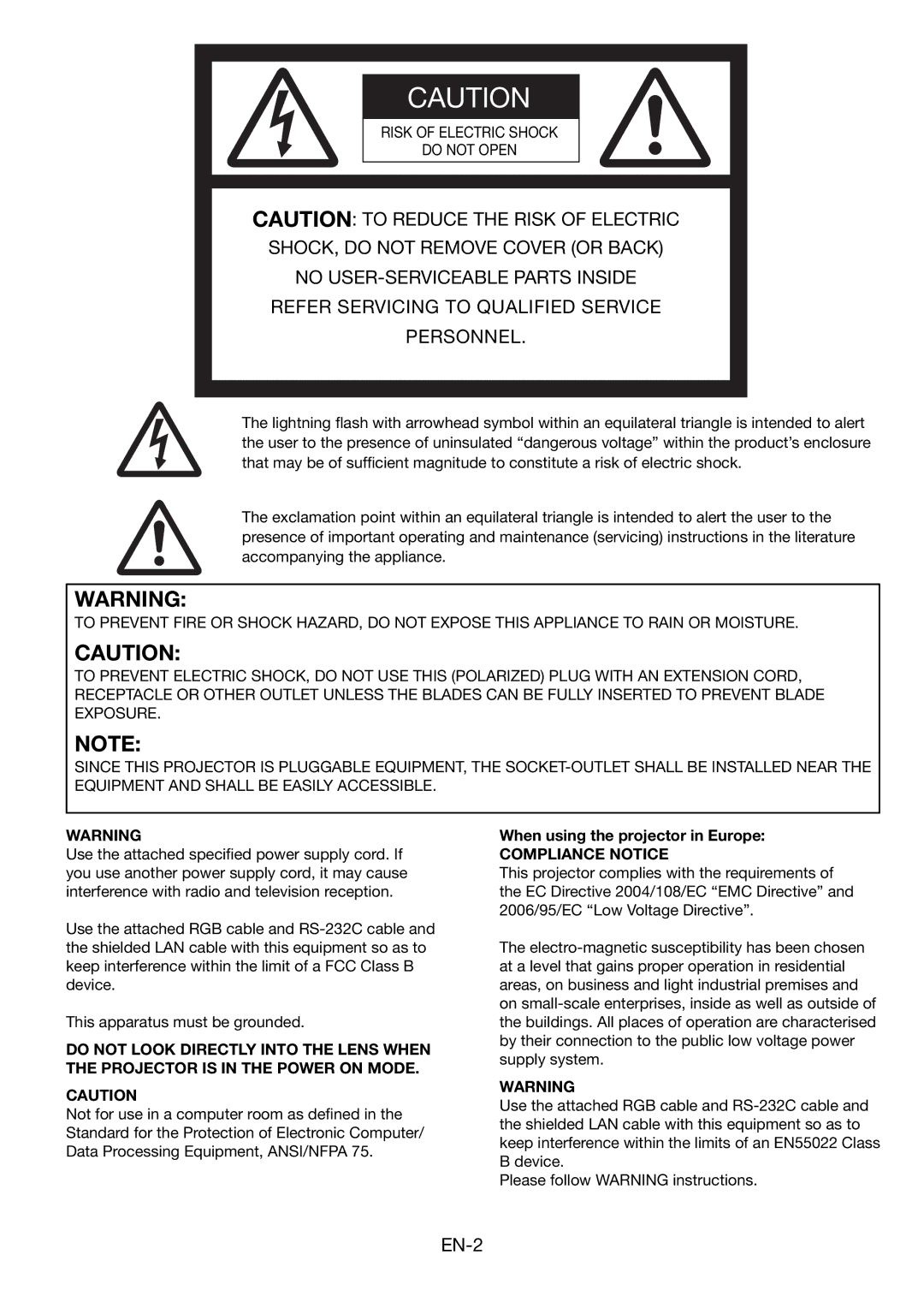 Mitsubishi Electronics FL7000 user manual When using the projector in Europe, Compliance Notice 