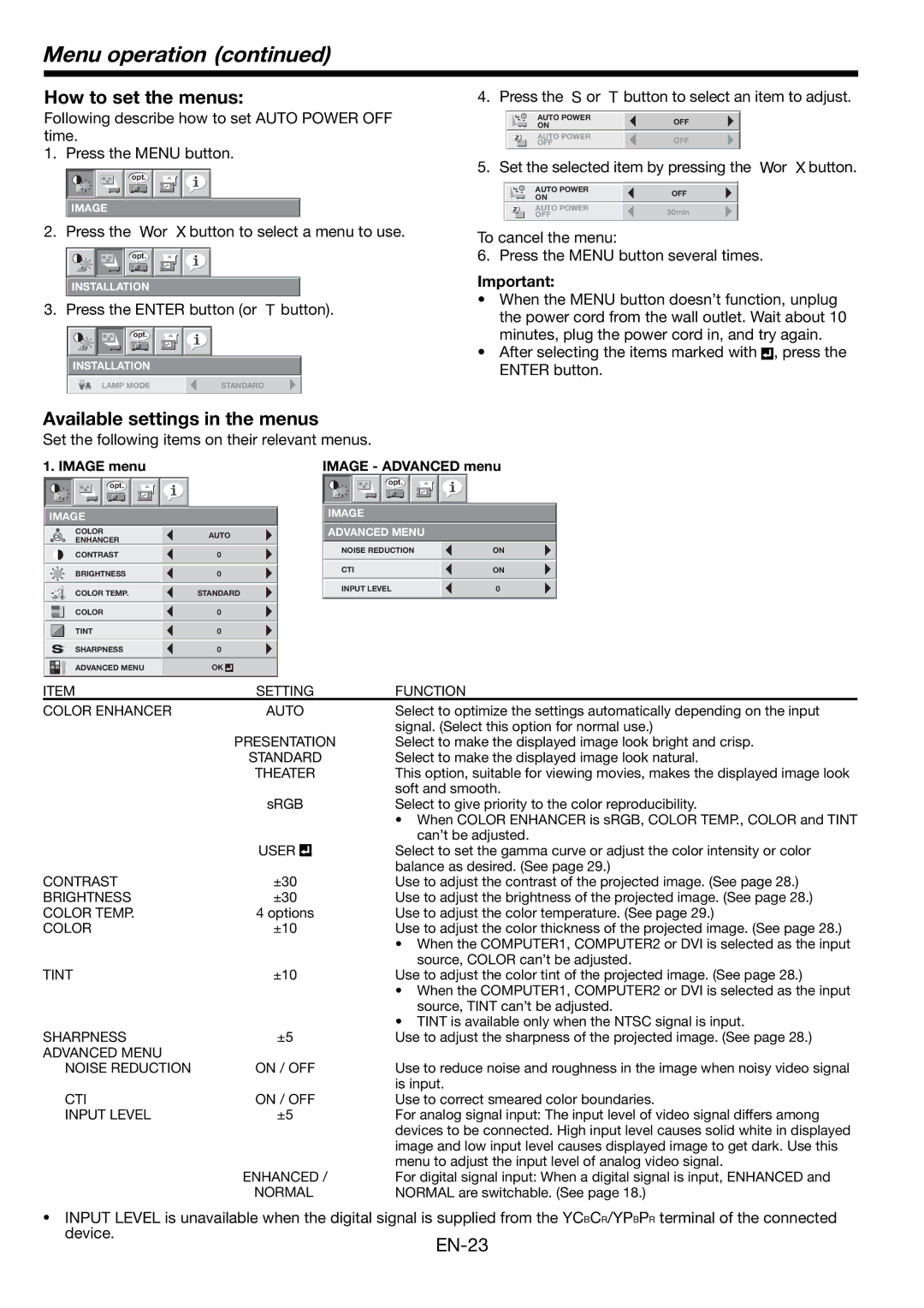 Mitsubishi Electronics FL7000 user manual Menu operation, How to set the menus, Available settings in the menus 
