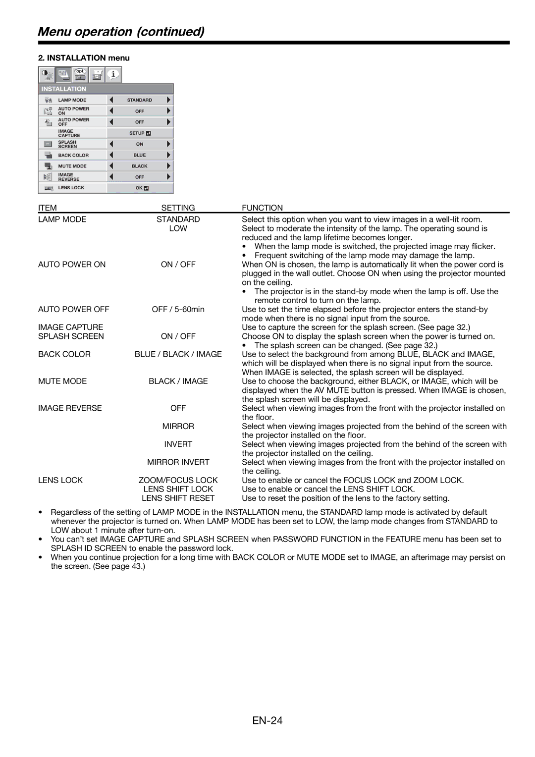 Mitsubishi Electronics FL7000 user manual Installation menu, Low 