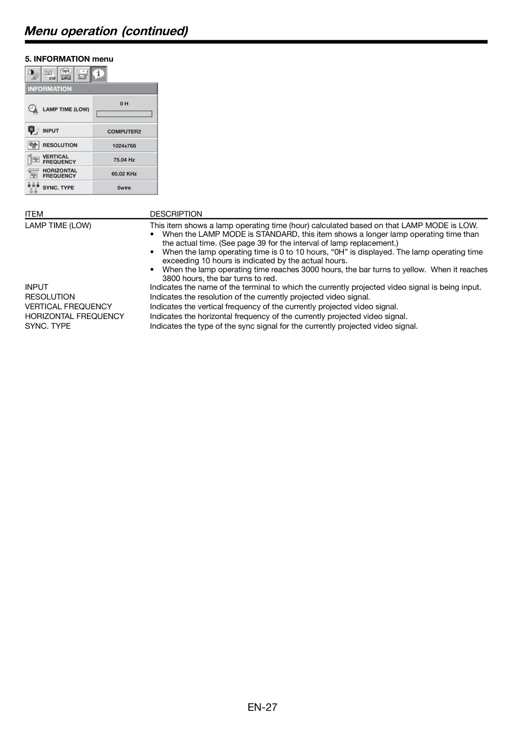 Mitsubishi Electronics FL7000 user manual Information menu 