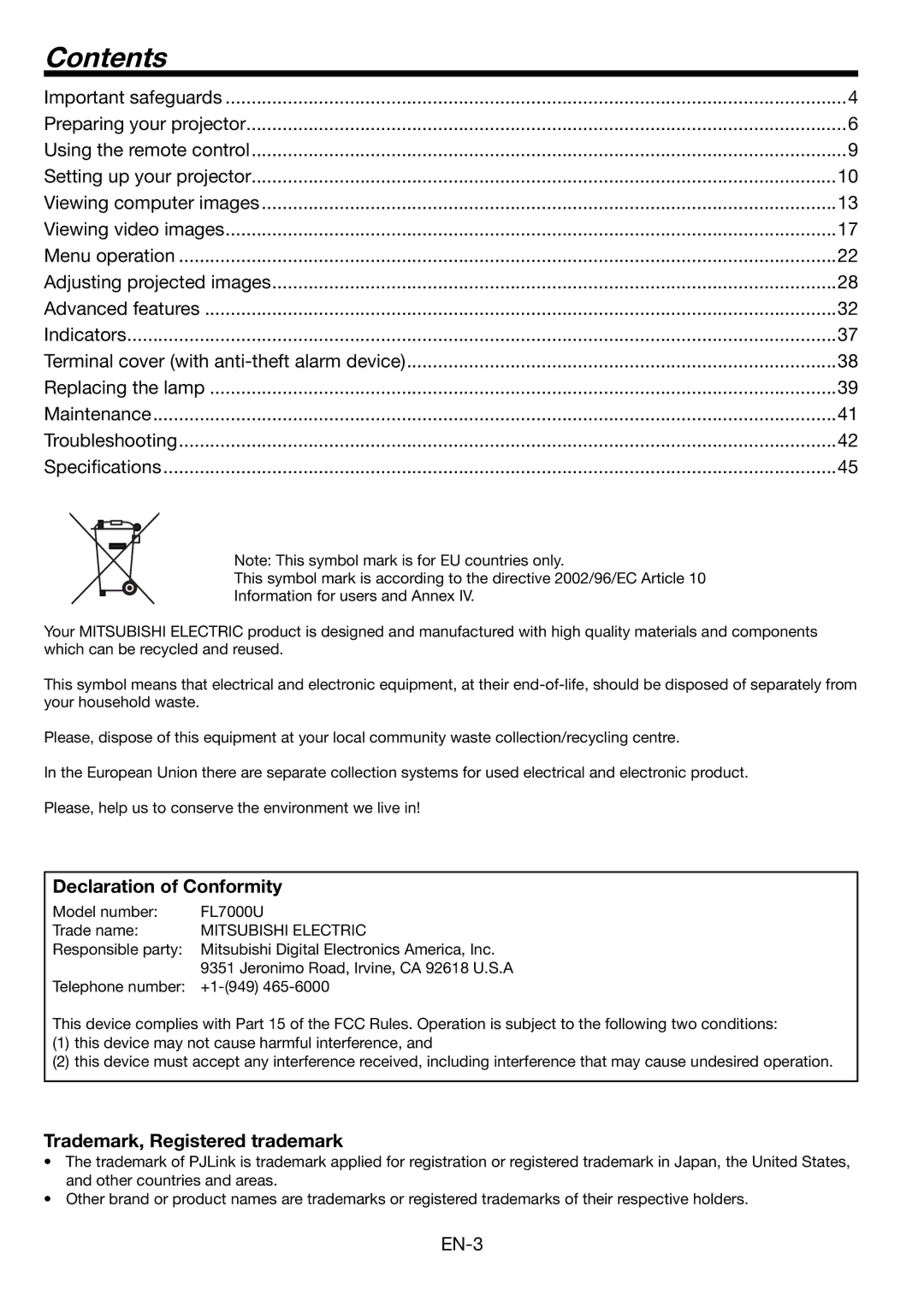 Mitsubishi Electronics FL7000 user manual Contents 