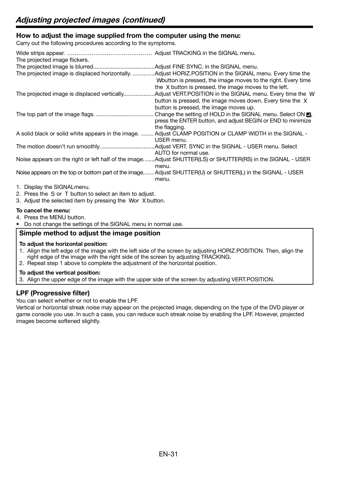 Mitsubishi Electronics FL7000 user manual Simple method to adjust the image position, LPF Progressive ﬁlter 