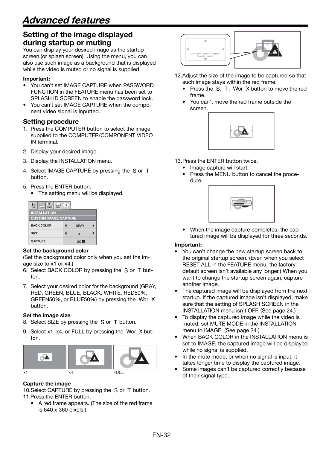 Mitsubishi Electronics FL7000 Advanced features, Setting procedure, Set the background color, Set the image size 