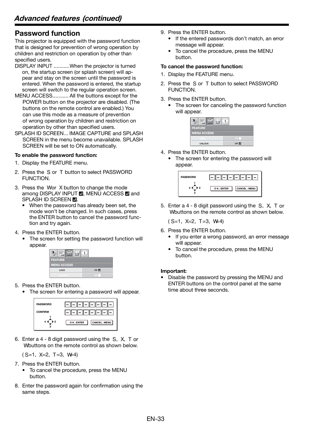 Mitsubishi Electronics FL7000 user manual Advanced features, Password function, To cancel the password function 