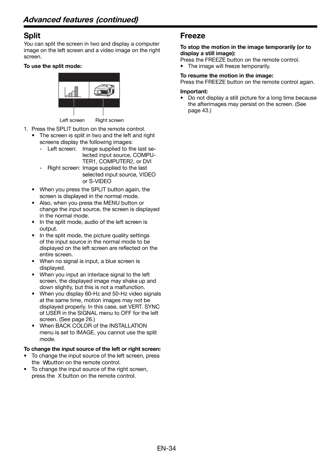 Mitsubishi Electronics FL7000 user manual Split, Freeze, To use the split mode, To resume the motion in the image 