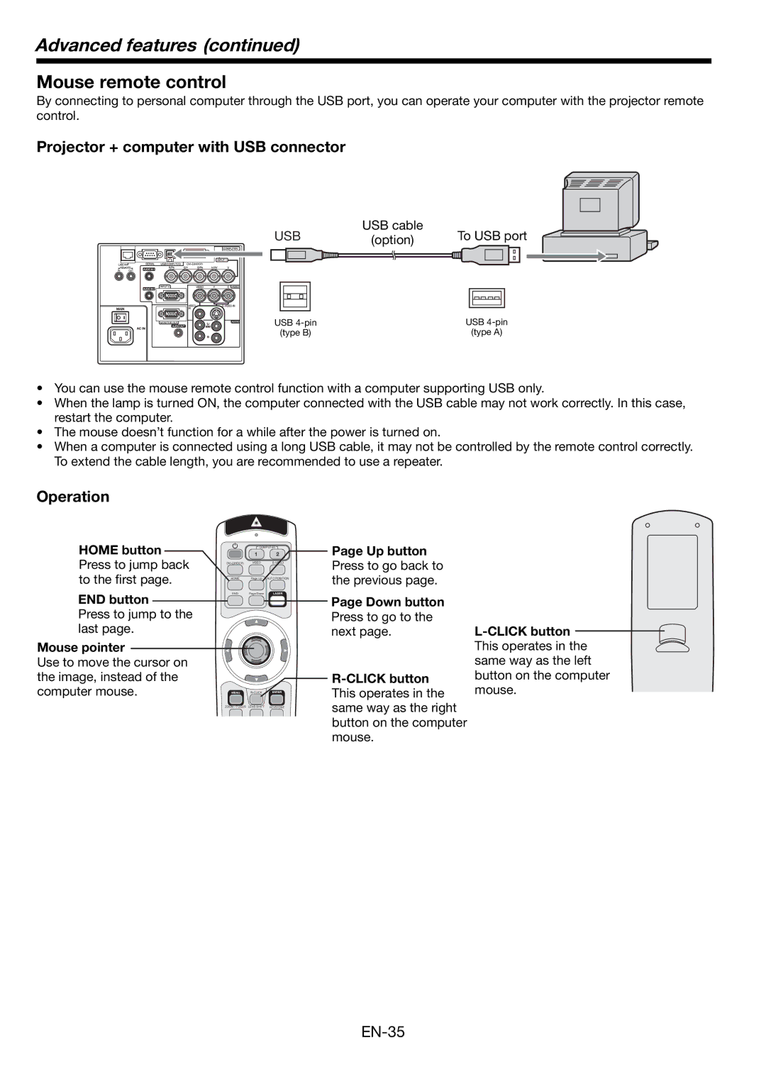 Mitsubishi Electronics FL7000 Mouse remote control, Projector + computer with USB connector, Operation, Up button 